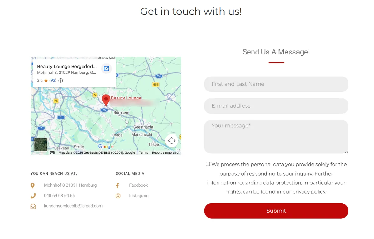 “Get in touch with us!” page: a Google map with the salon pin in Hamburg-Bergedorf, address, phone and email, social links and a contact form with a red Submit button