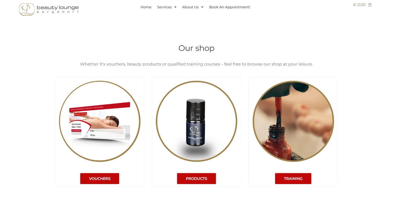 “Our shop” page with three gold-ringed round photos for vouchers, products and training, each with a red button
