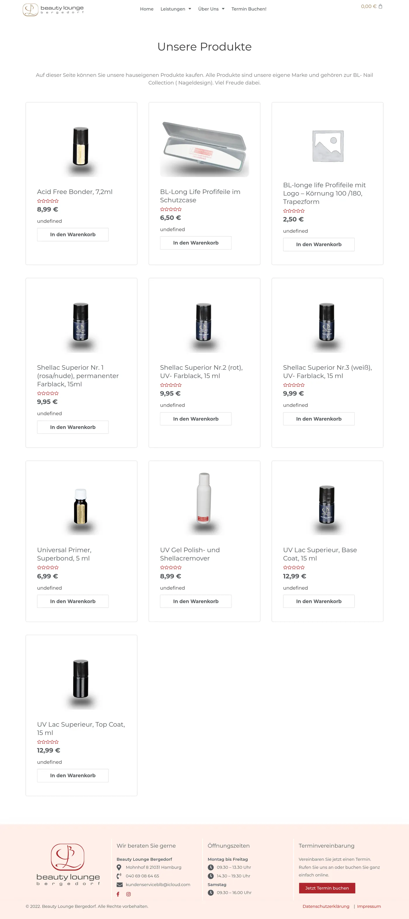Full “Unsere Produkte” shop page of the Beauty Lounge Bergedorf website: a WooCommerce grid of the salon’s own BL Nail Collection, from bonder, files and Shellac colours to primer, remover, base and top coat, each with price and “In den Warenkorb” button, above the same pale pink footer