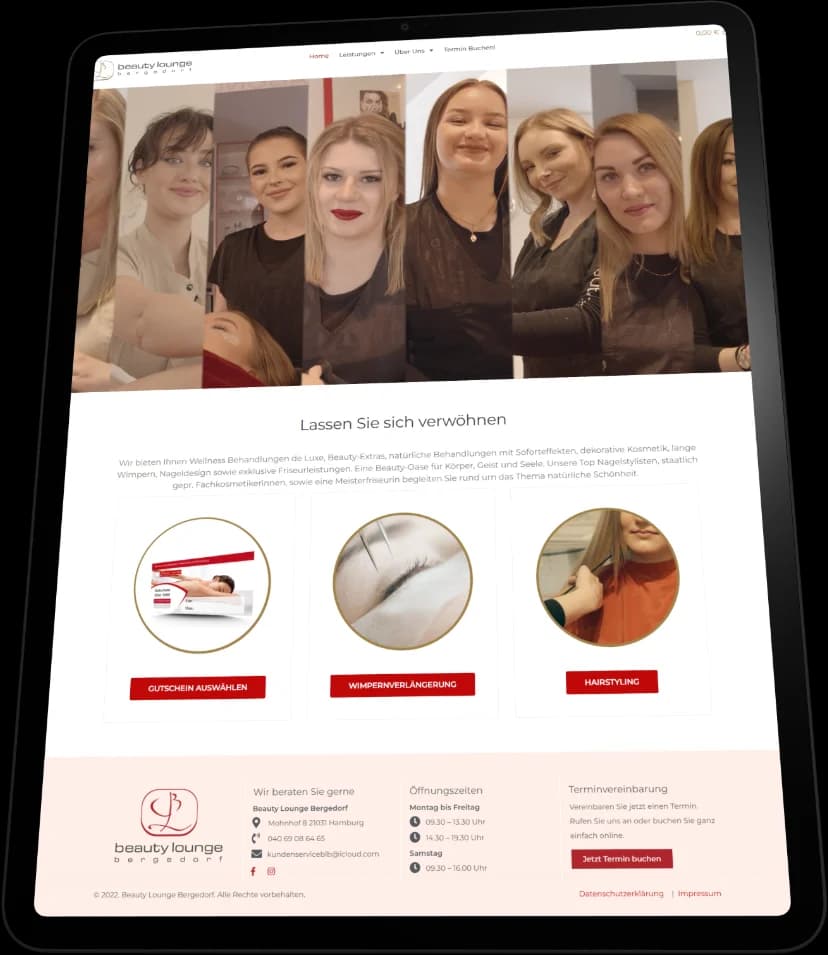 Tablet showing the Beauty Lounge Bergedorf home page: the beauty lounge logo and menu above a photo strip of the salon team