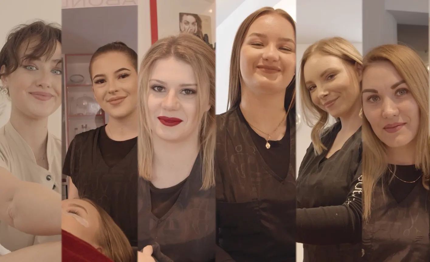 Strip of smiling portraits of the Beauty Lounge Bergedorf team in black salon tops, from the website's home page film