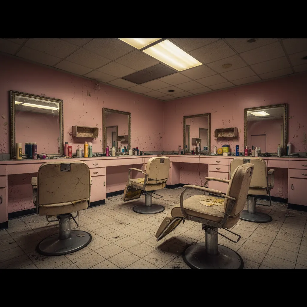 Illustration of a run-down salon with pink walls, worn styling chairs and dusty mirrors, standing for a dated first impression