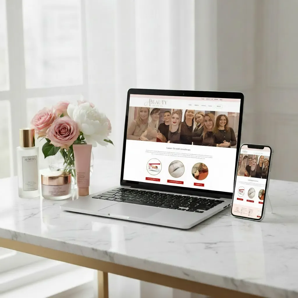 A laptop and a phone on a marble table beside pink roses and skincare bottles, both showing the Beauty Lounge home page