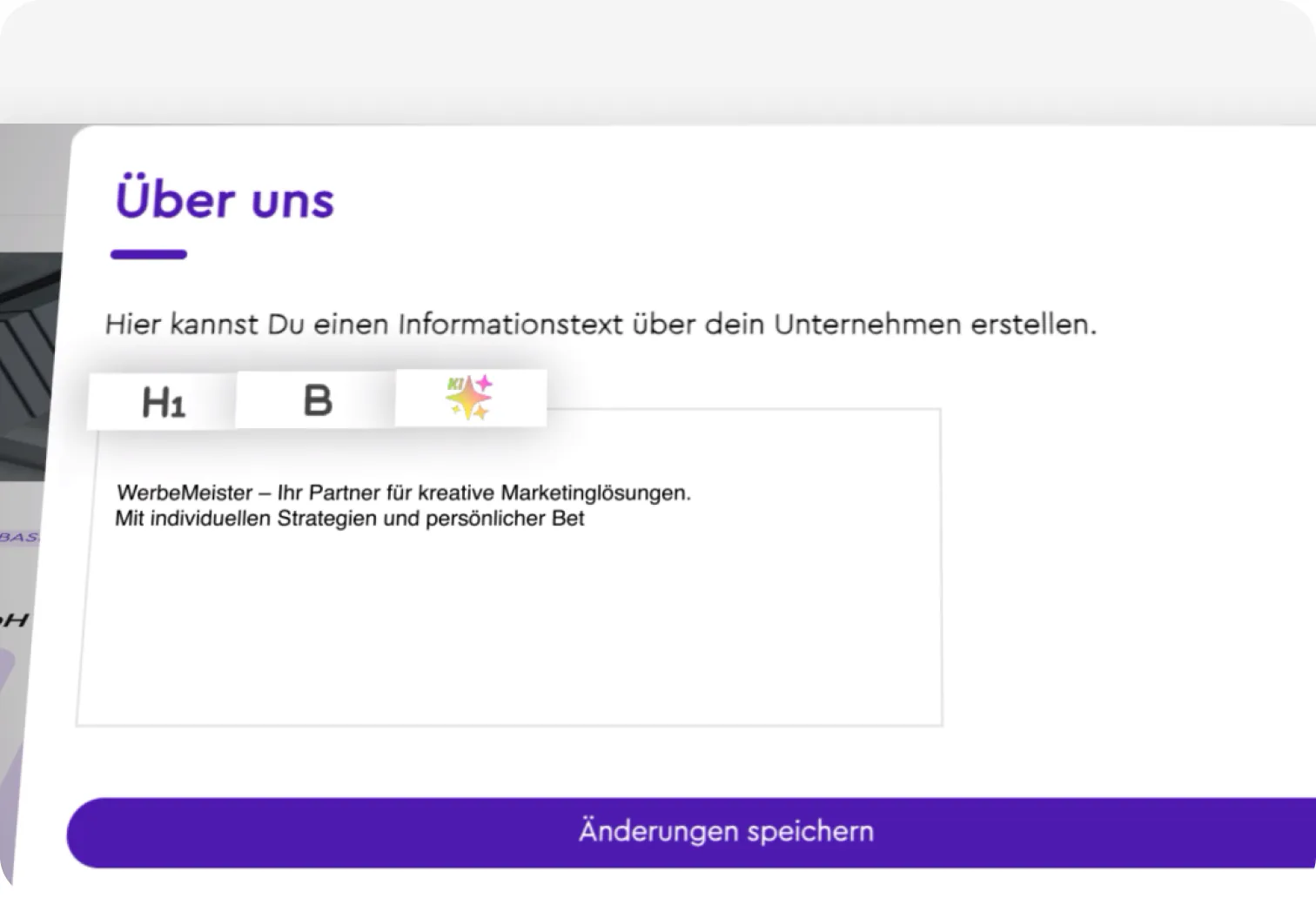 Cheggl “Über uns” company profile editor with H1, bold and an AI button that drafts the about text
