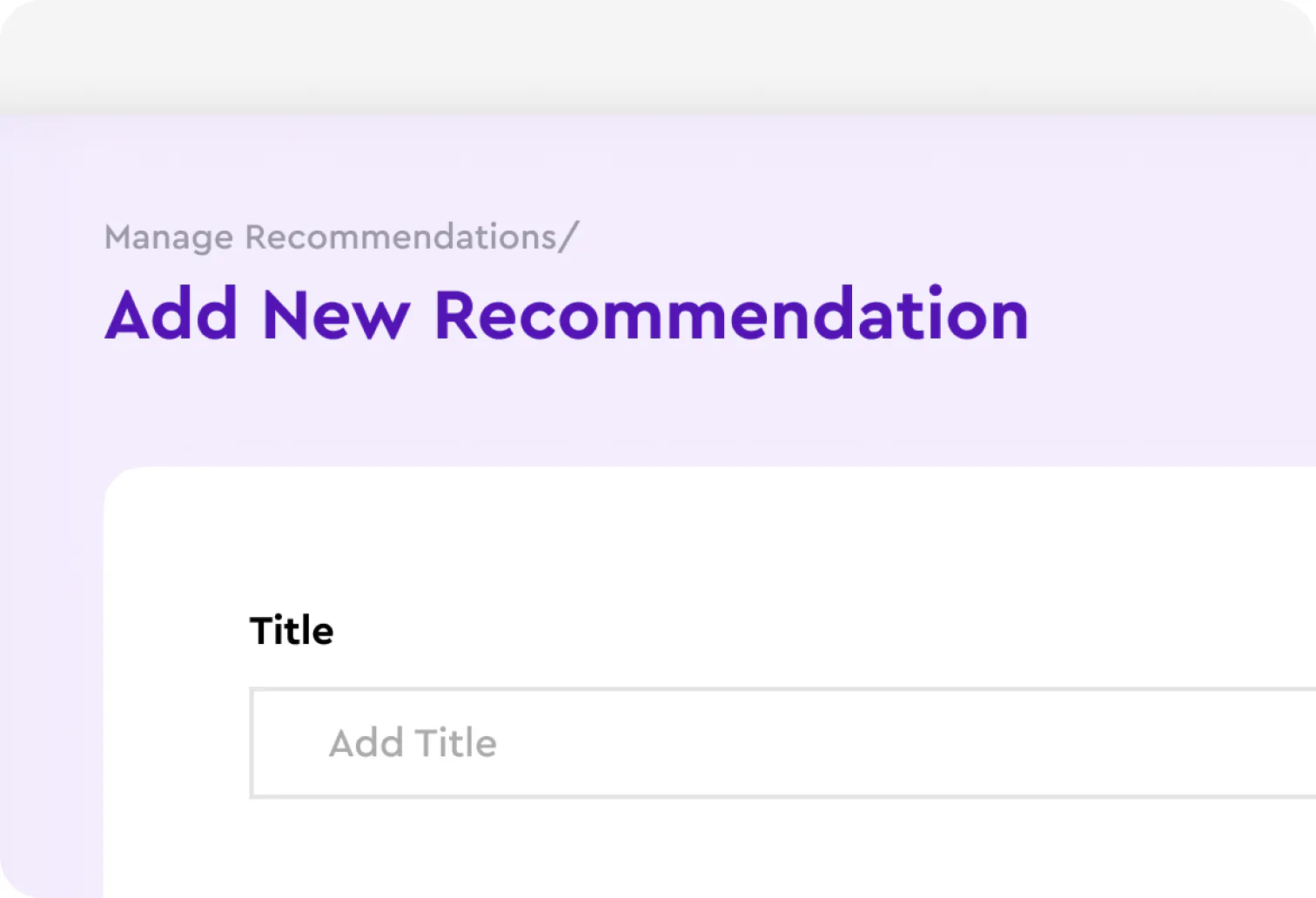 Add New Recommendation page in the Cheggl admin console: a small breadcrumb over a large violet heading and a Title field