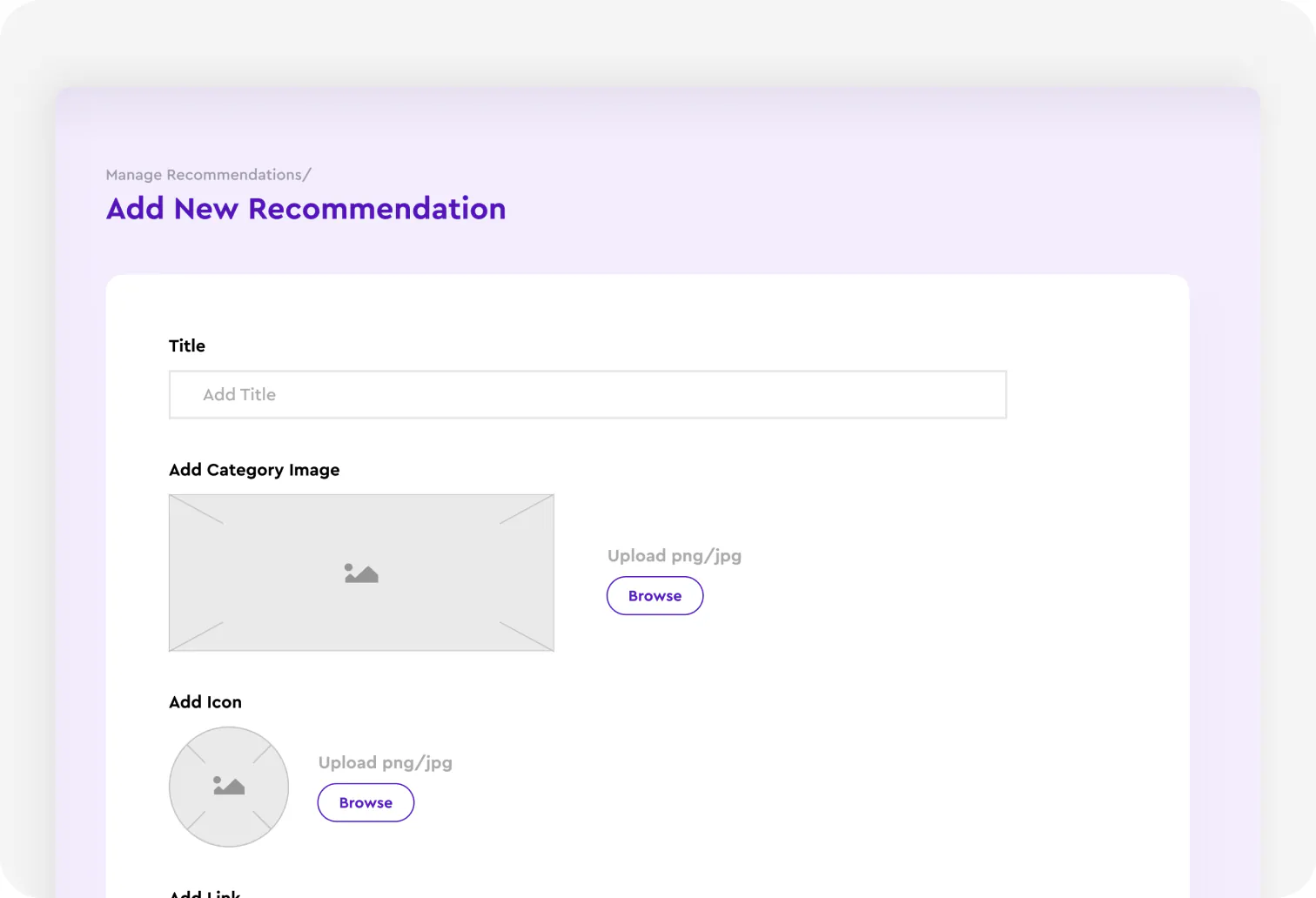 The full Add New Recommendation form in the Cheggl admin console, with title, category image and icon upload fields on a light background