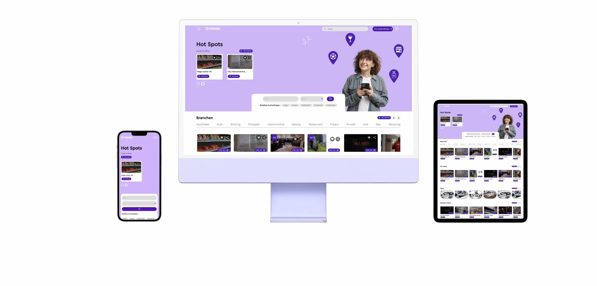 Cheggl's Hot Spots home page on an iMac, an iPhone and an iPad