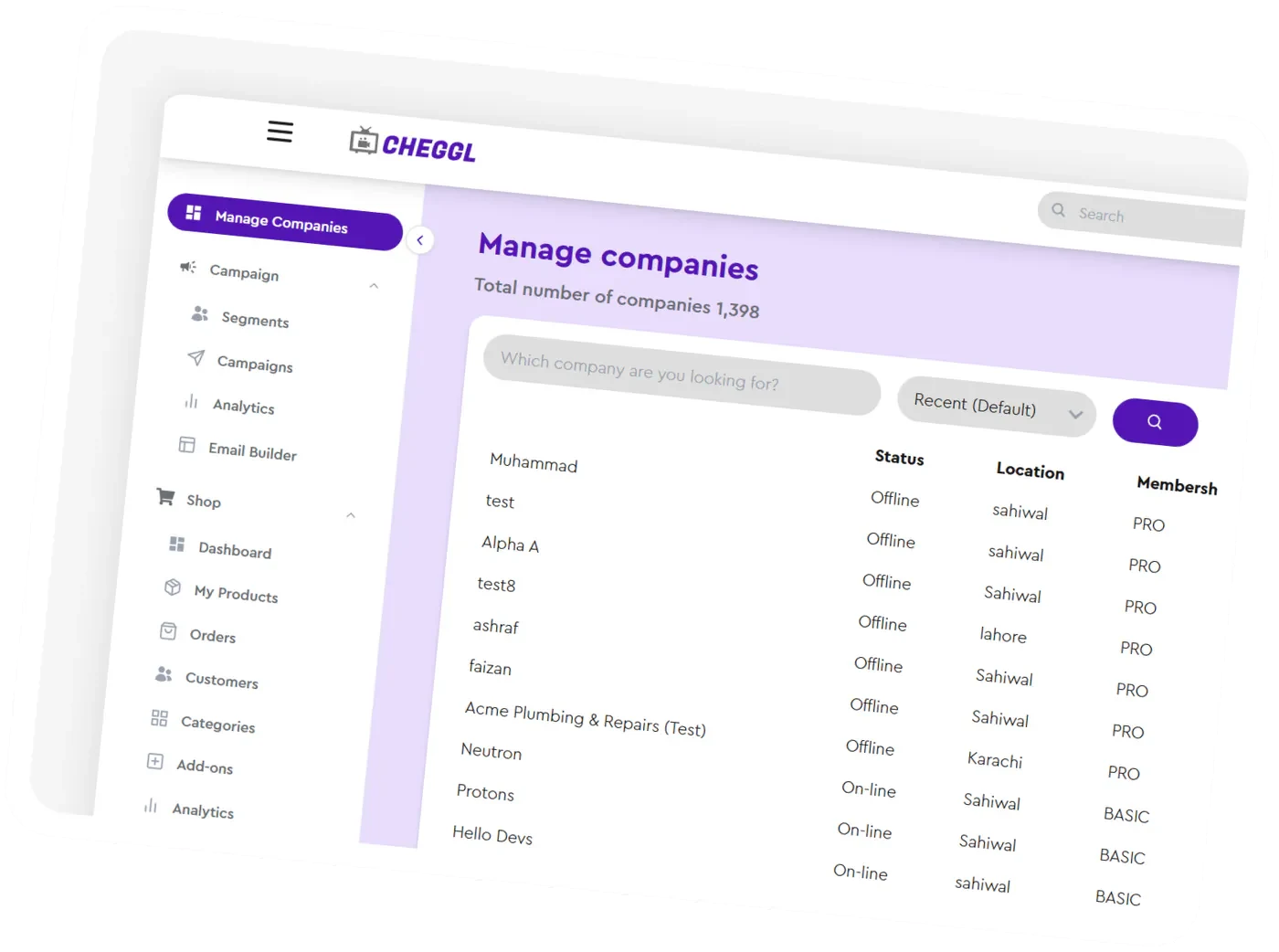 Cheggl Manage companies screen with a clear sidebar, search and filters above a company table