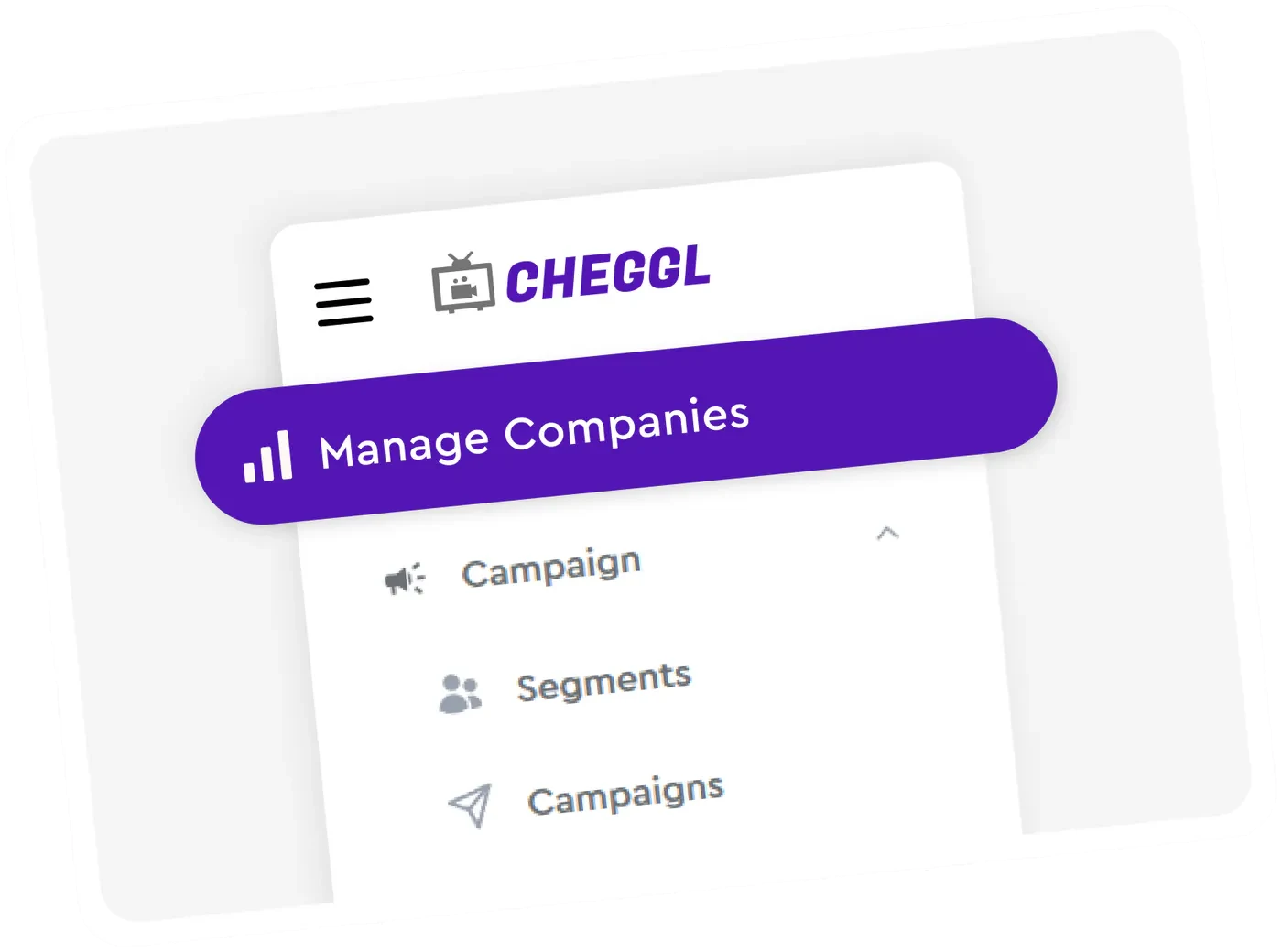 Close-up of the Cheggl sidebar: the logo, a highlighted Manage Companies item and the Campaign, Segments and Campaigns links