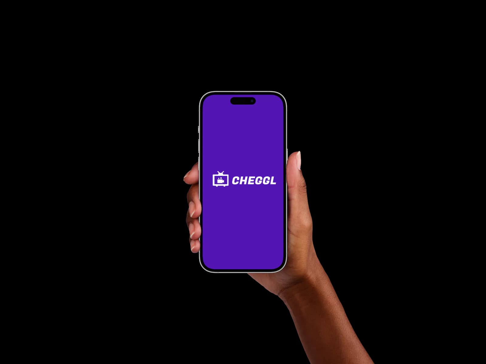 A hand holding an iPhone showing the Cheggl splash screen