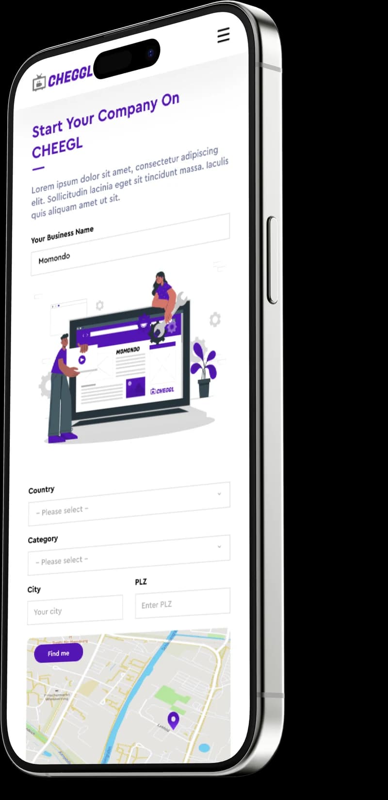 Company onboarding form on an iPhone, with an illustration and a location map
