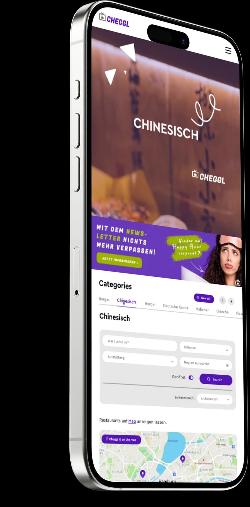 Business profile on an iPhone with header video, categories, checkout and map
