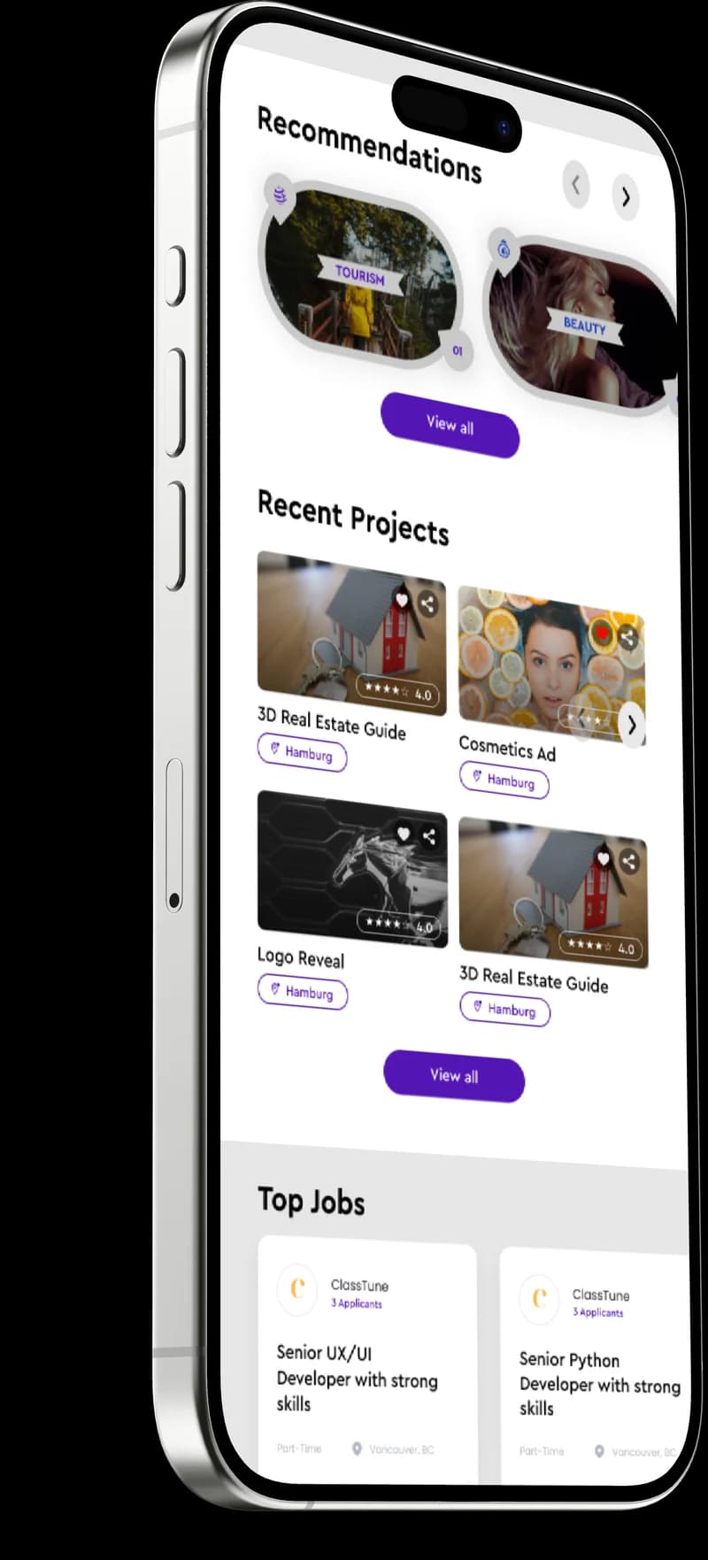 Cheggl on an iPhone: recommendations, recent projects and top info, laid out for a small screen