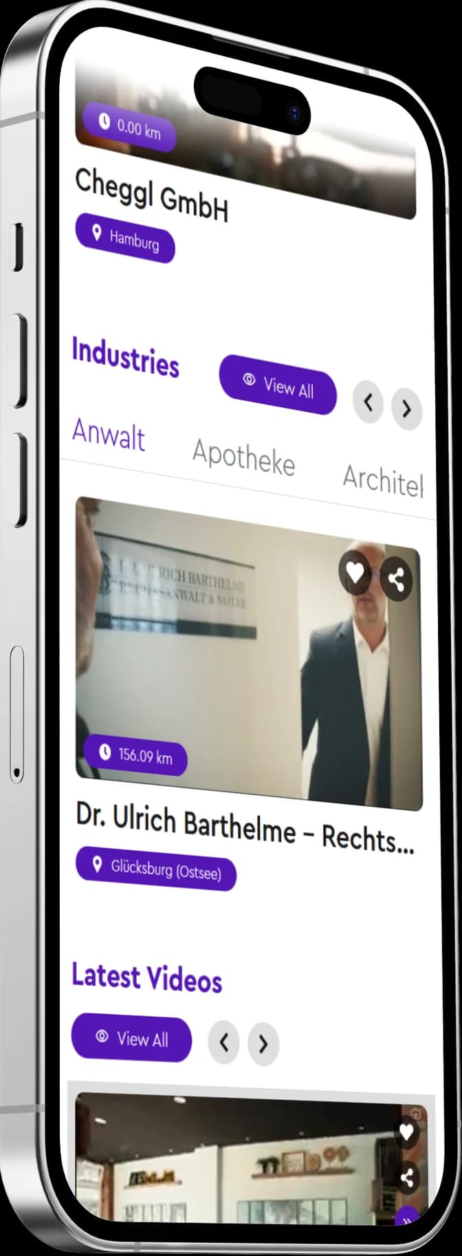 Cheggl on an iPhone: company cards, industries and latest videos