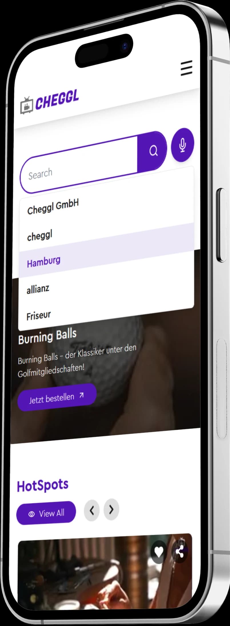 Cheggl search on an iPhone, suggesting companies and cities as you type