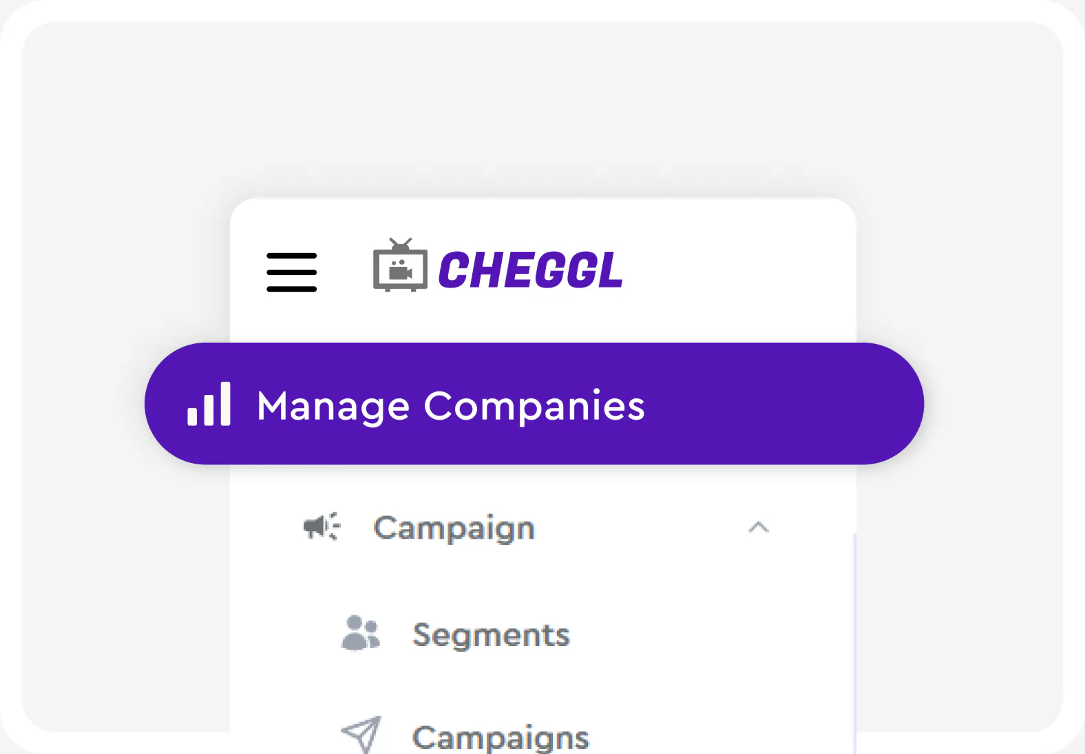 Cheggl company dashboard sidebar with the Manage Companies item highlighted in violet above the Campaign, Segments and Campaigns menu