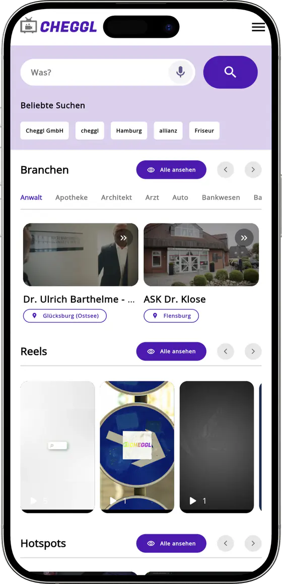 Cheggl mobile home: search, popular searches, industries and reels