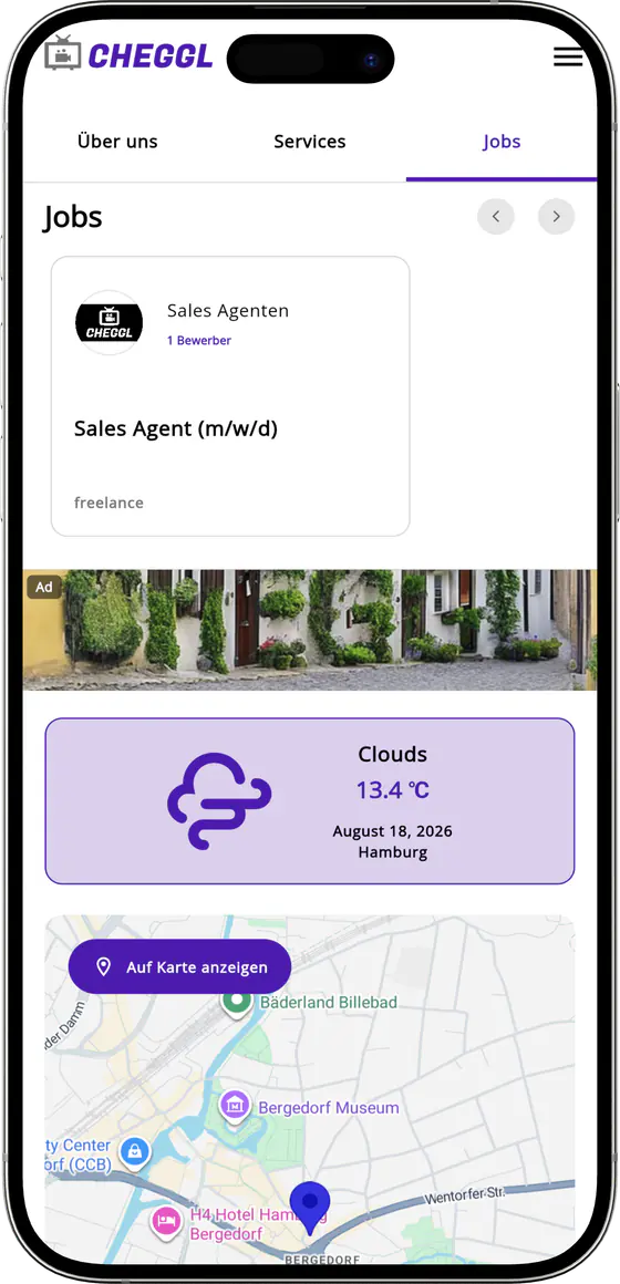 Company profile Jobs tab with a Sales Agent listing and local weather