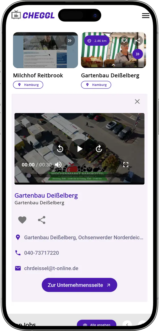Nearby businesses with an inline video player and business details