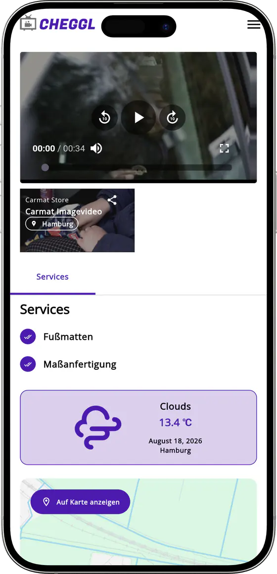 Business video, services list and local weather card