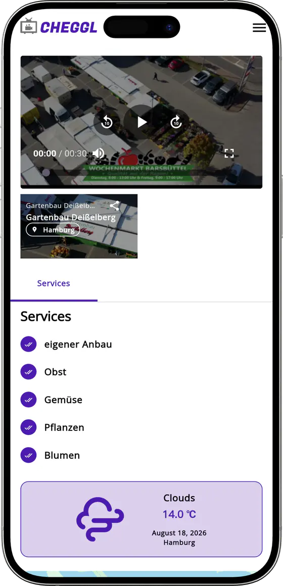 Farm shop profile listing its services, with video and weather