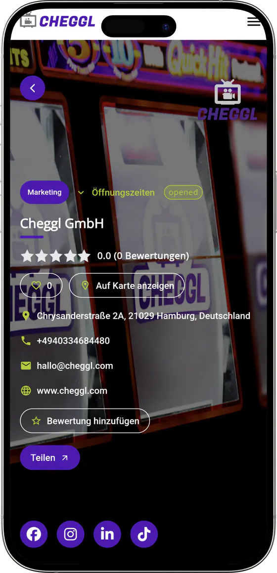 Cheggl GmbH profile with opening hours, contact links and social icons