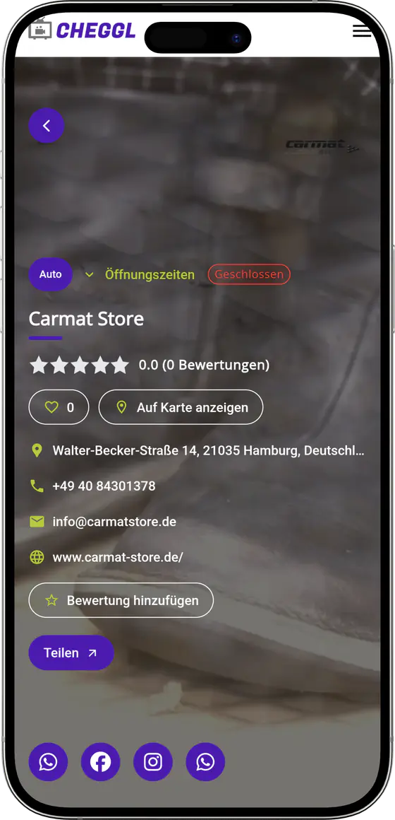 Carmat Store profile with rating, address, map link and share options