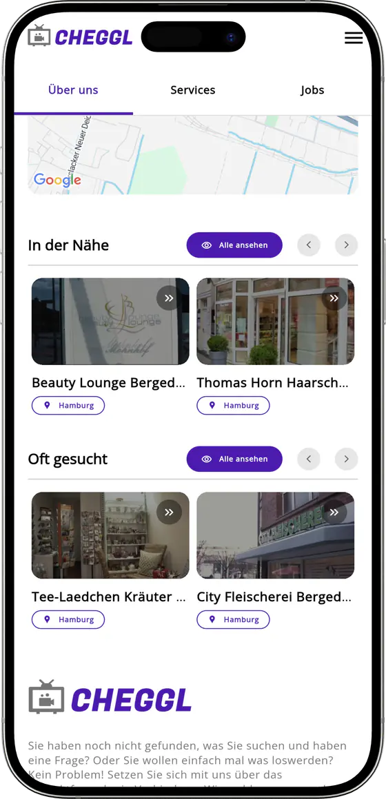 About us tab with a map, nearby and frequently searched businesses