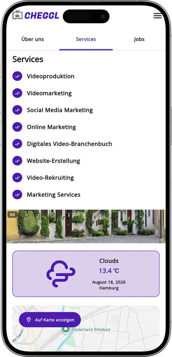 Company Services tab listing video production and marketing services