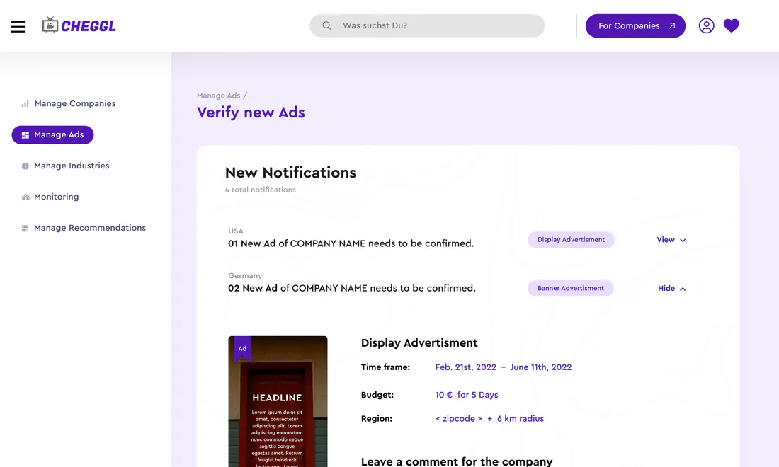 Cheggl admin: Verify new ads, with notifications and a display advertisement awaiting approval