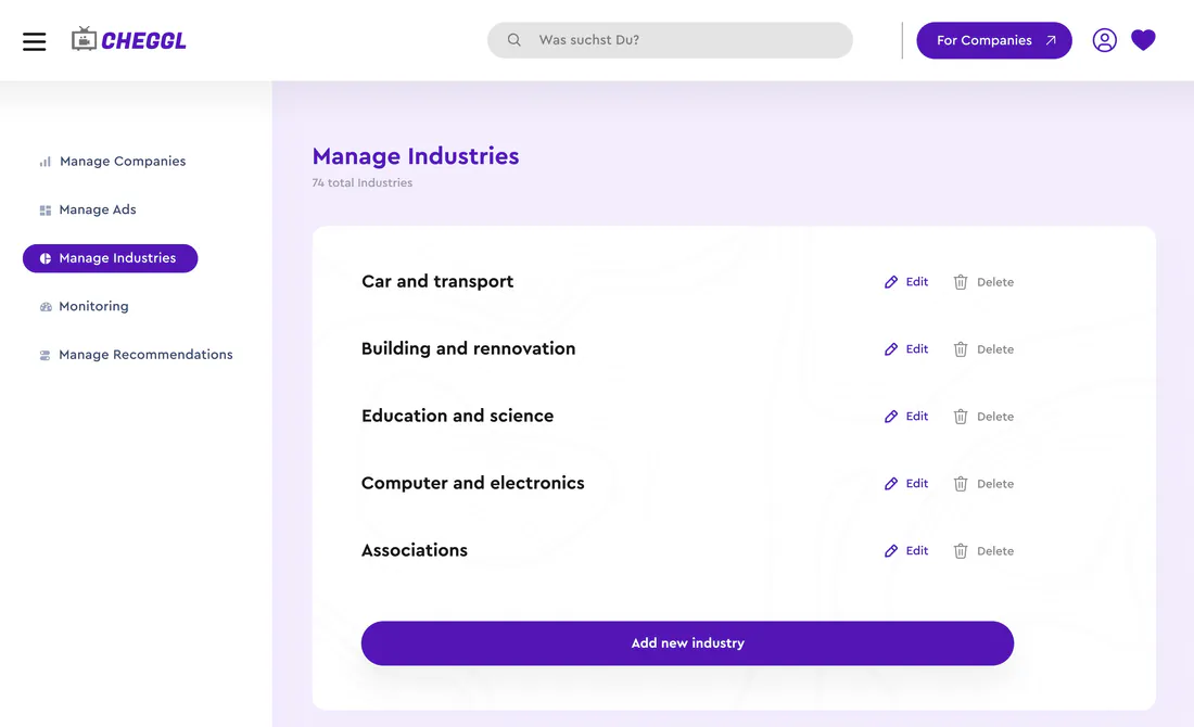 Cheggl admin: Manage Industries list with edit and delete actions