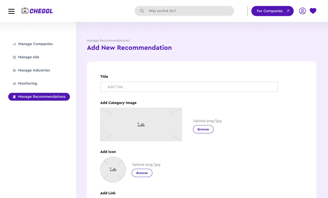 Cheggl admin: Add New Recommendation form with title, category image, icon and link
