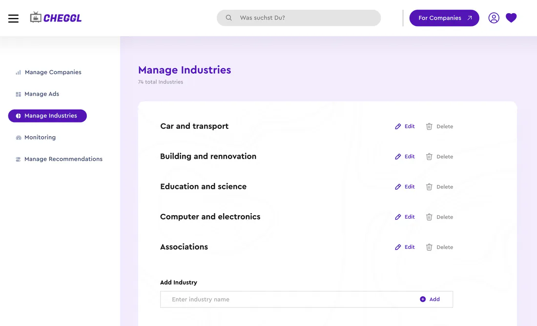 Cheggl admin: Manage Industries with an inline field to add a new industry