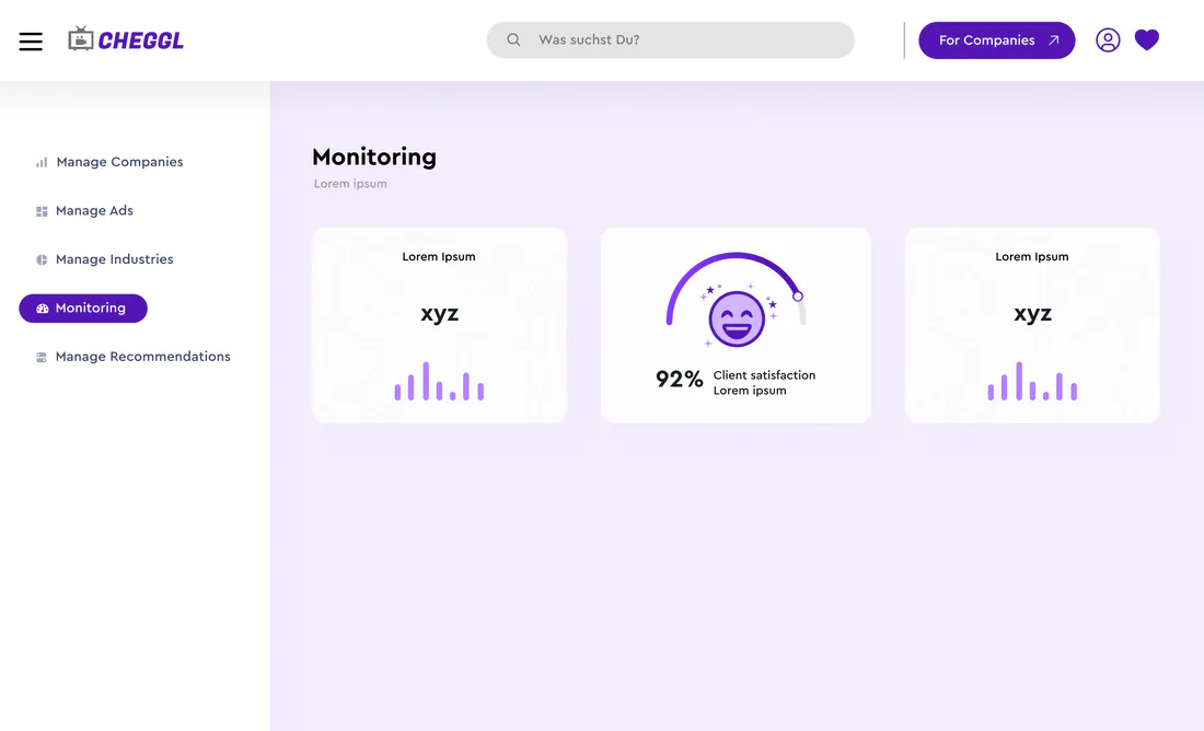 Cheggl admin: Monitoring overview with a client satisfaction gauge