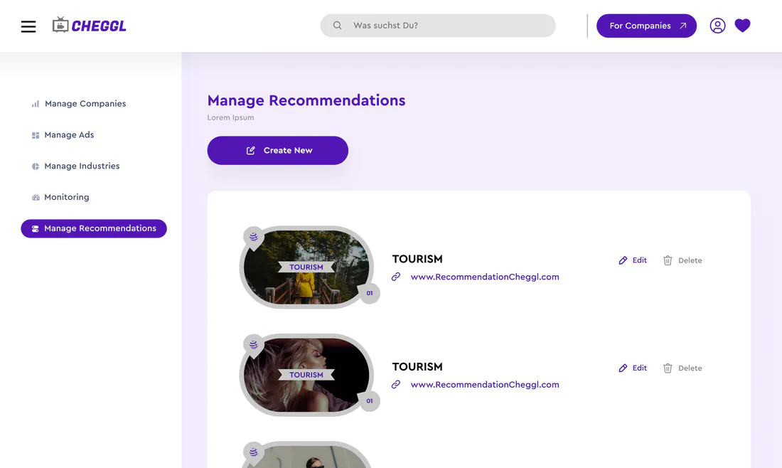 Cheggl admin: Manage Recommendations list of tourism listings