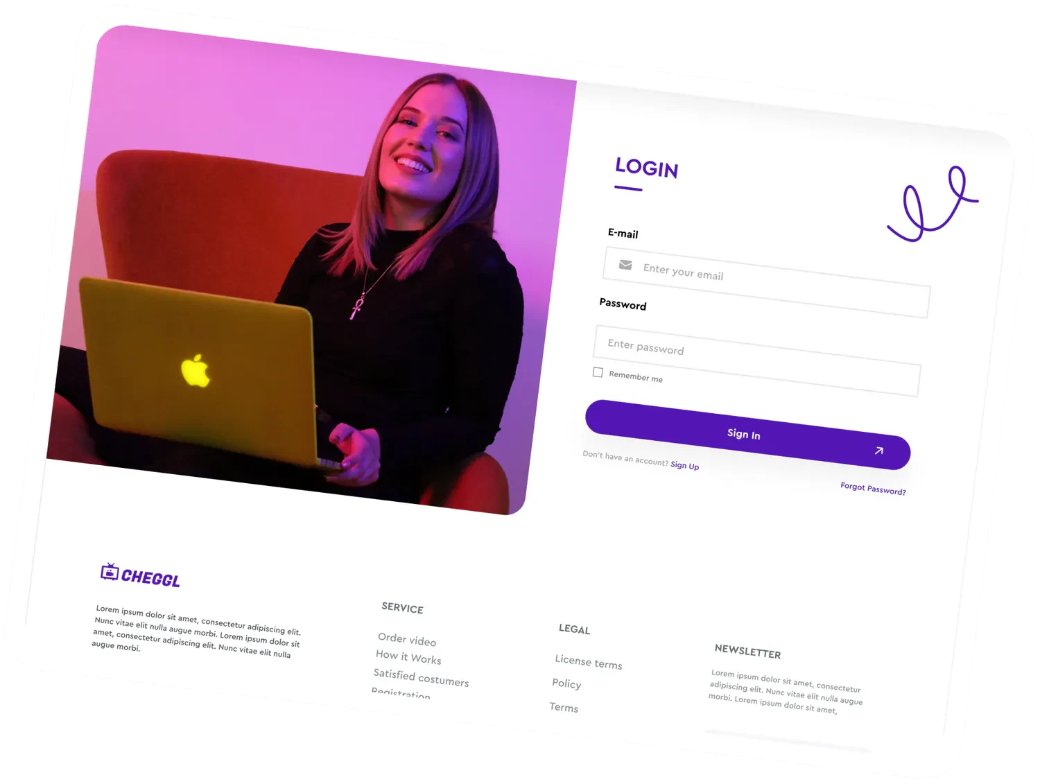 Cheggl login screen: e-mail and password fields with a Sign in button beside a photo of a smiling user with a laptop
