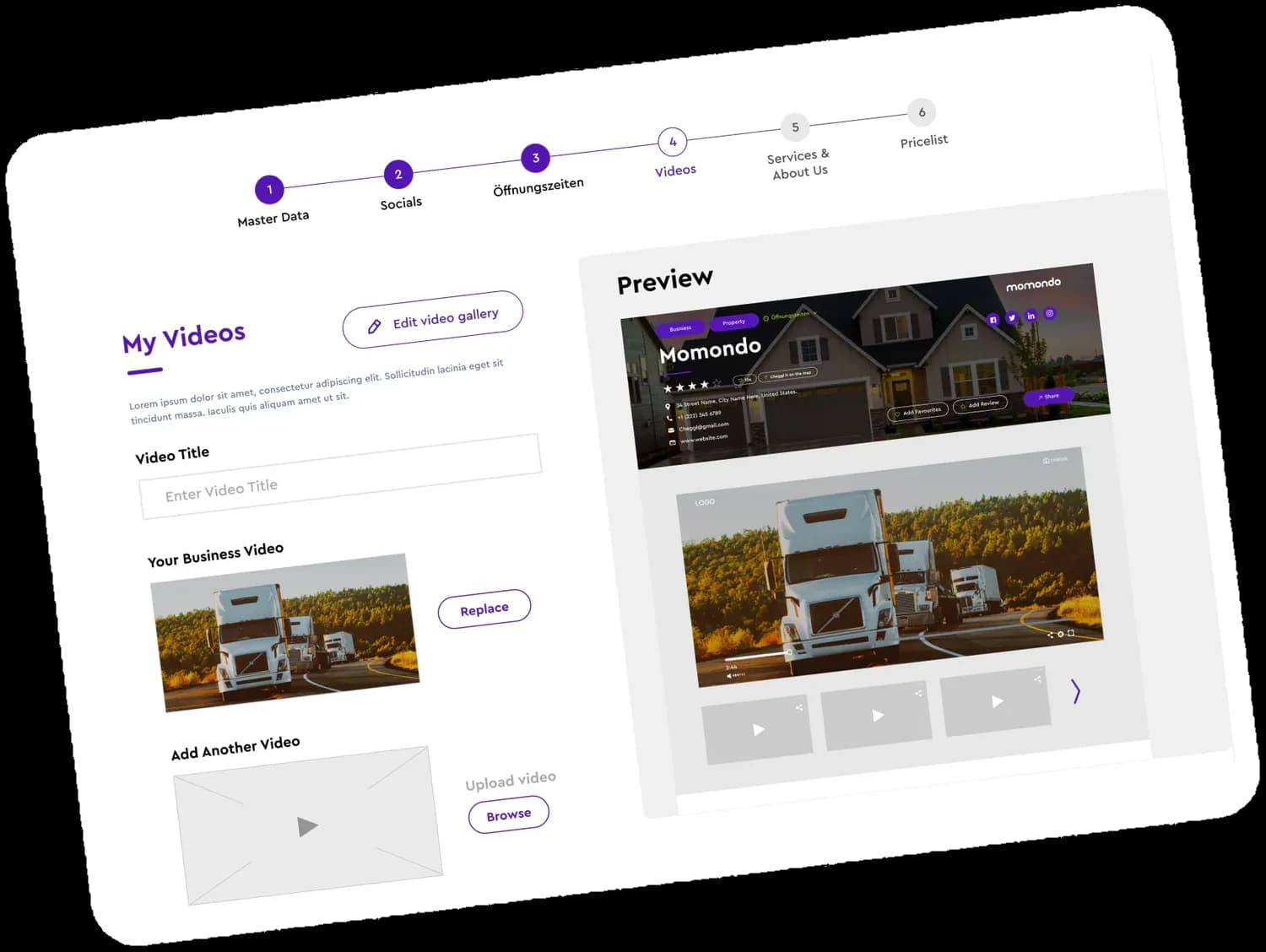 Company setup step My Videos: upload a business video in a six-step wizard, with a live preview of the company page