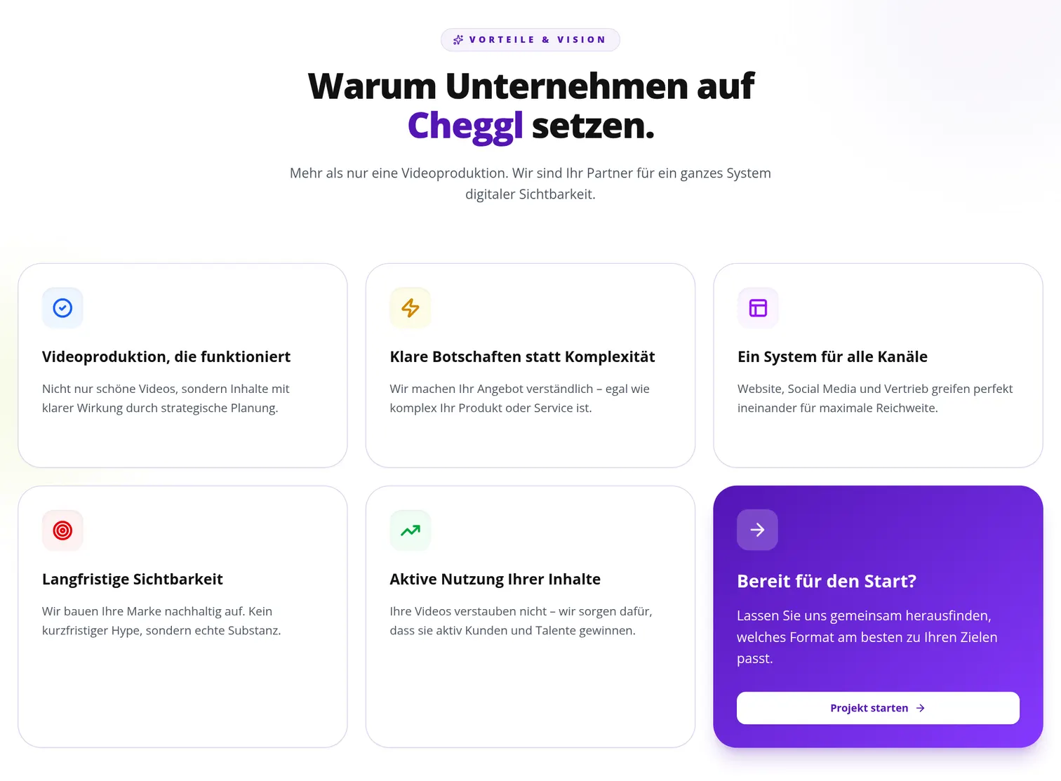 The “Warum Unternehmen auf Cheggl setzen” section of cheggl.info: a centred headline over five reason cards and a violet “Bereit für den Start?” card