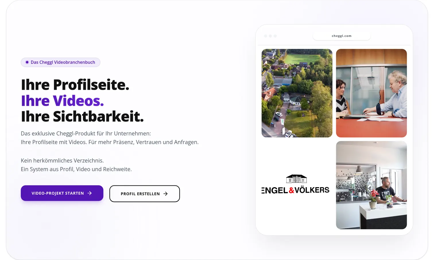 The Videobranchenbuch section of cheggl.info, “Ihre Profilseite. Ihre Videos. Ihre Sichtbarkeit.”, with a browser mock-up of client films on the right