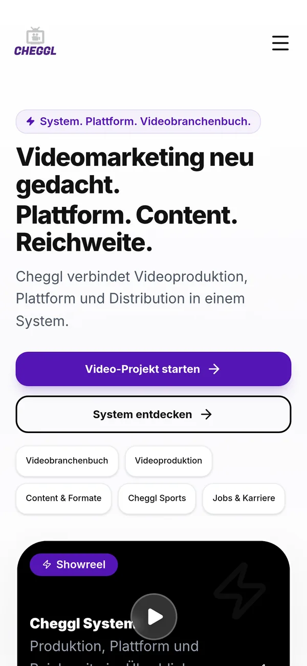 The same cheggl.info hero on a phone, with the Video-Projekt starten and System entdecken buttons stacked