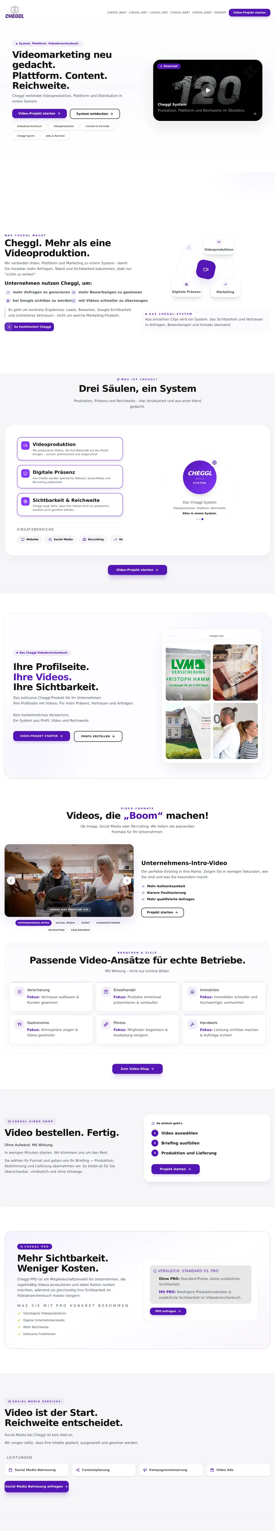 The cheggl.info home page: “Videomarketing neu gedacht.”, the three pillars Videoproduktion, Digitale Präsenz and Sichtbarkeit & Reichweite, and the Videobranchenbuch profile pages