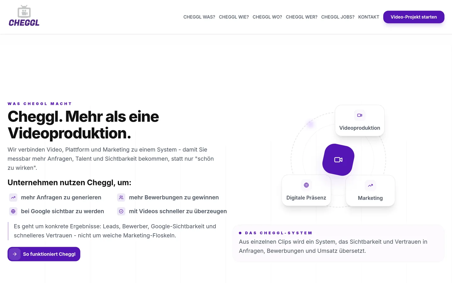 cheggl.info in a browser window: the “Cheggl. Mehr als eine Videoproduktion.” section, with Videoproduktion, Digitale Präsenz and Marketing orbiting the Cheggl camera icon
