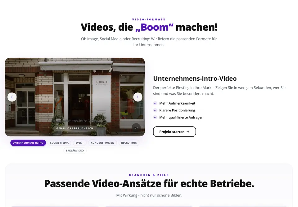 The “Videos & Branchen” part of the cheggl.info home page