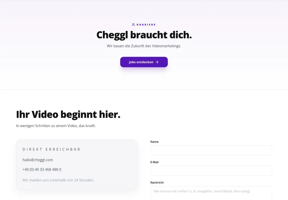 The “Jobs & Kontakt” part of the cheggl.info home page