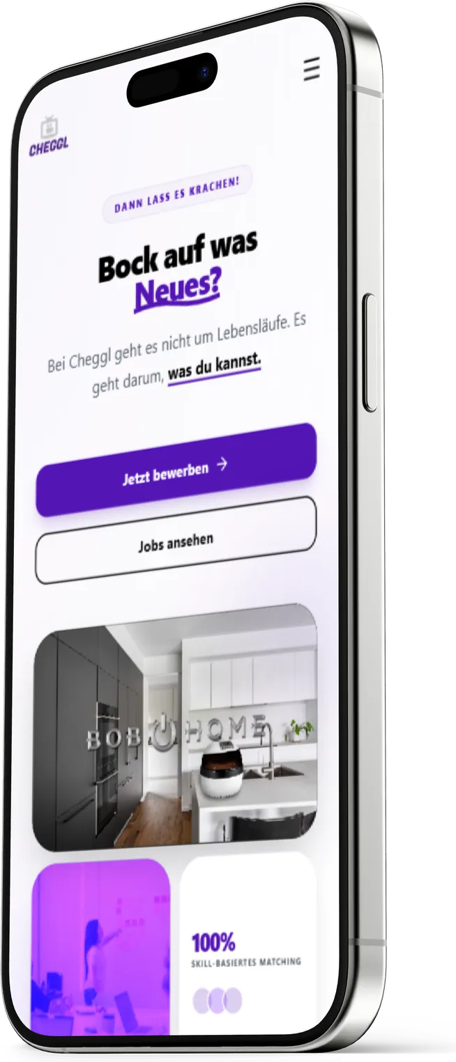 Cheggl jobs page on mobile: the headline “Bock auf was Neues?”, apply and view-jobs buttons, and image cards on a light background