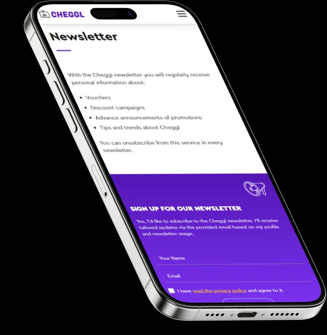 Cheggl newsletter page on mobile: a light heading and body list above the violet newsletter sign-up form