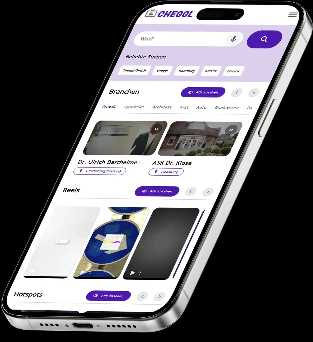 Cheggl mobile home screen on a tilted iPhone: a calm white layout with the search bar, popular searches, industries, companies and reels