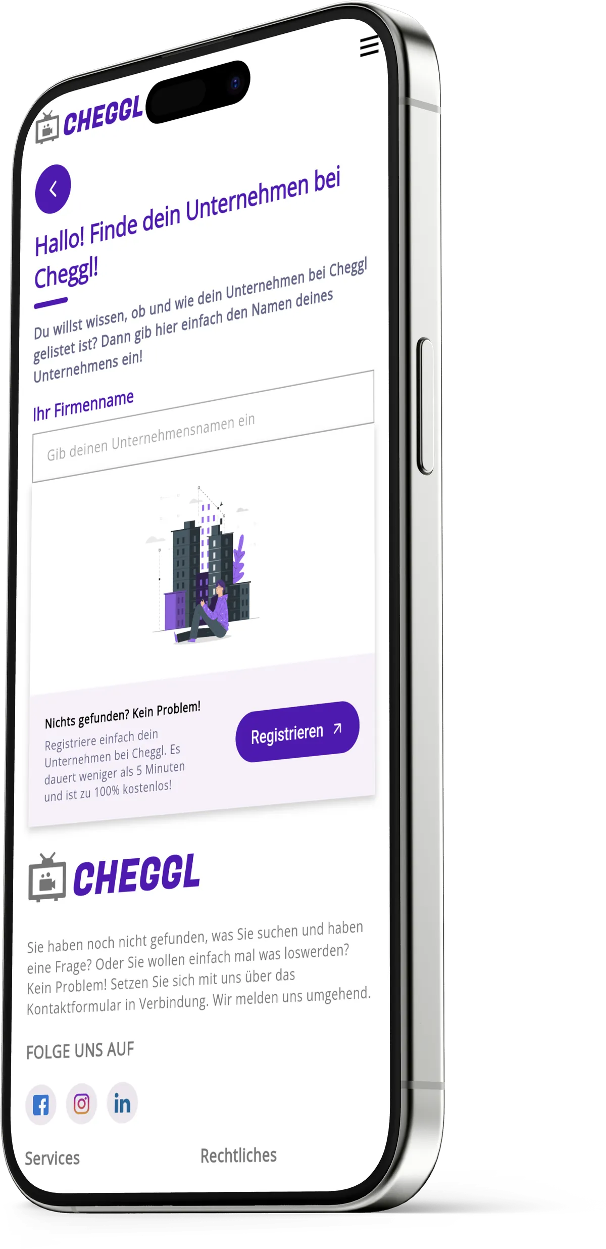 “Find your company on Cheggl” onboarding screen on an iPhone, with a company name field and a Register button