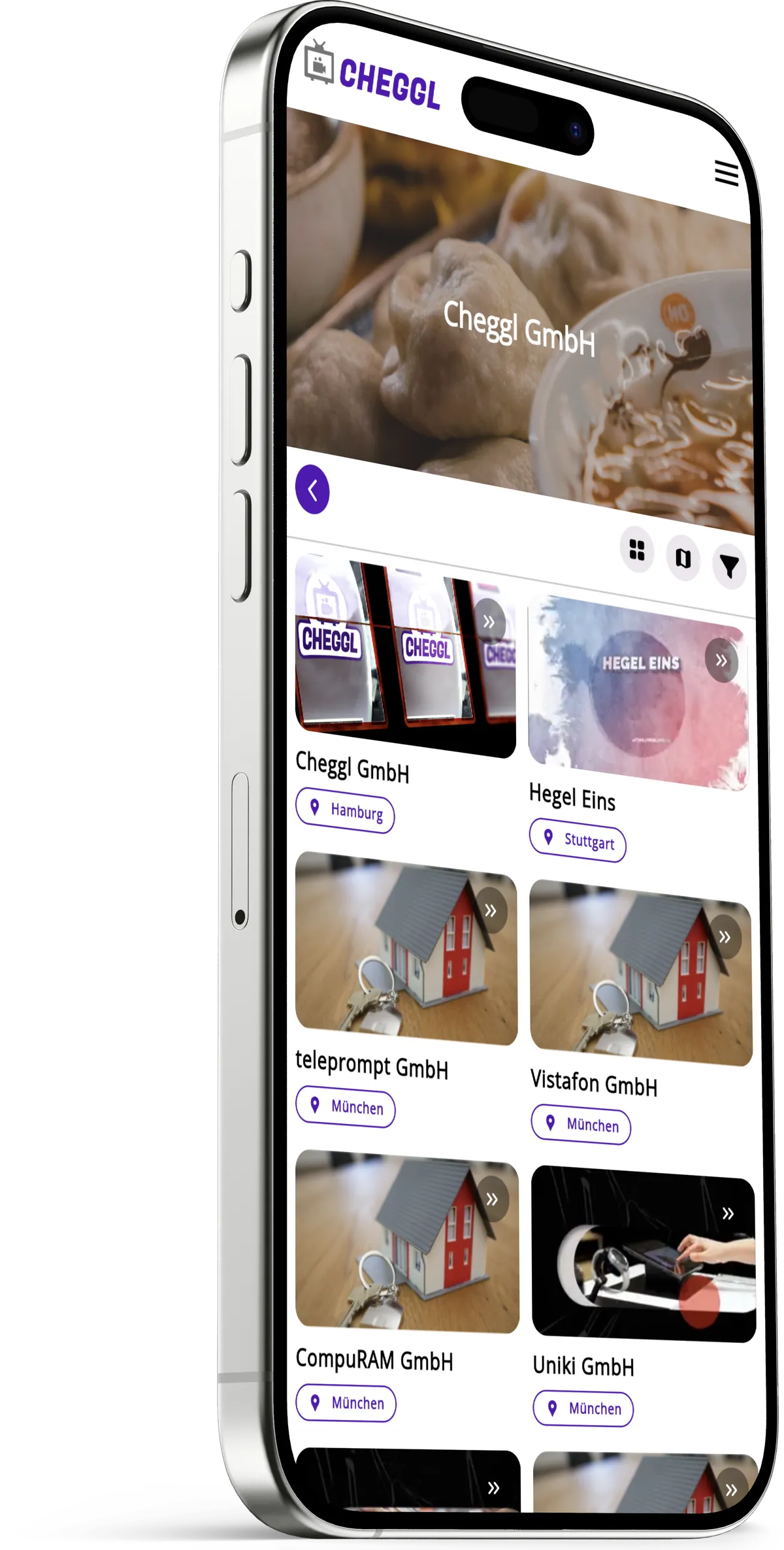 Company listing on an iPhone: a grid of local businesses, each with a video thumbnail and its city