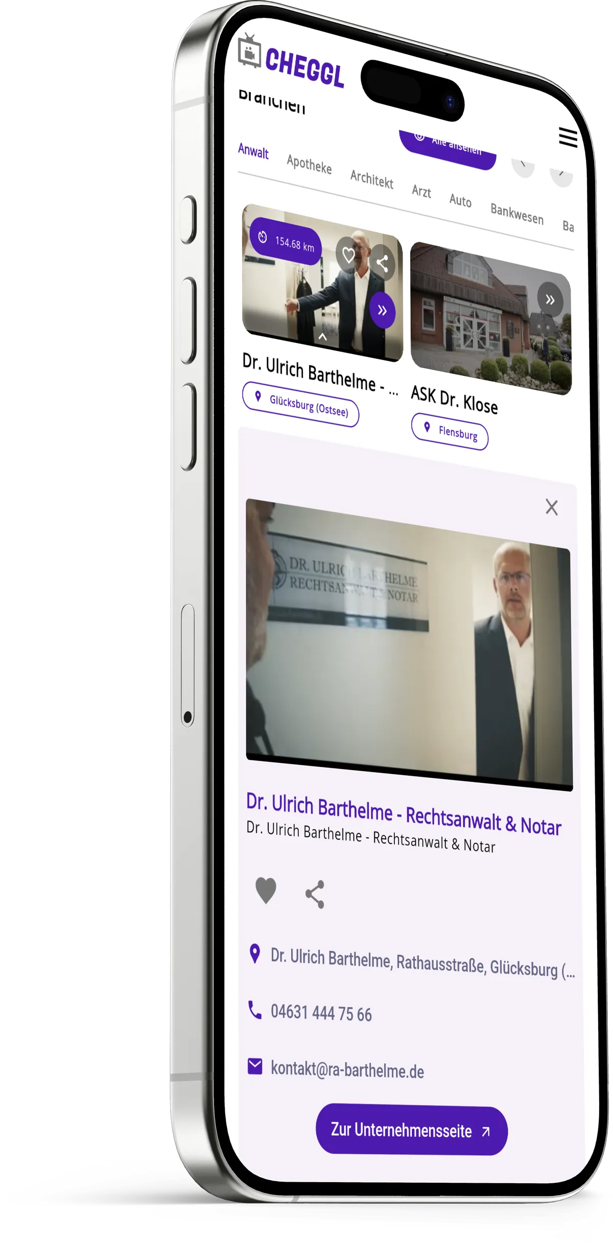 Cheggl on an iPhone: industries, company cards and a business video with contact details, laid out for a small screen